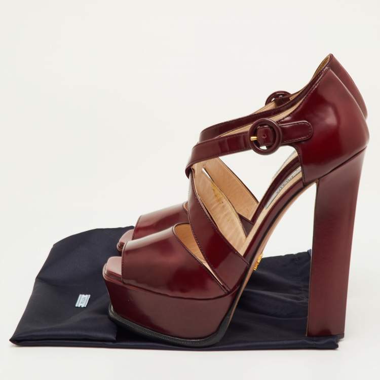 Pre Owned Prada Size 40 Burgundy Patent Leather Platform Ankle Strap Sandals