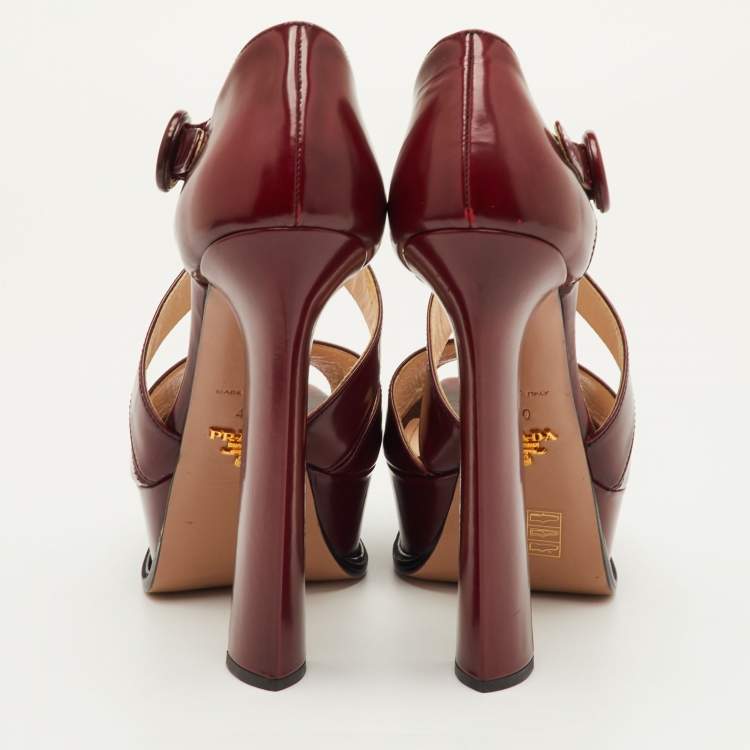 Pre Owned Prada Size 40 Burgundy Patent Leather Platform Ankle Strap Sandals