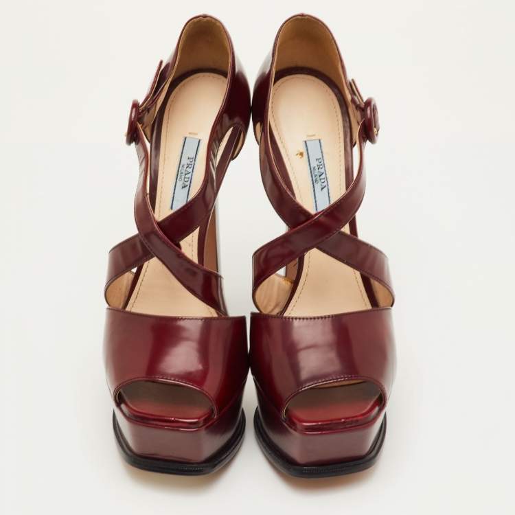 Pre Owned Prada Size 40 Burgundy Patent Leather Platform Ankle Strap Sandals