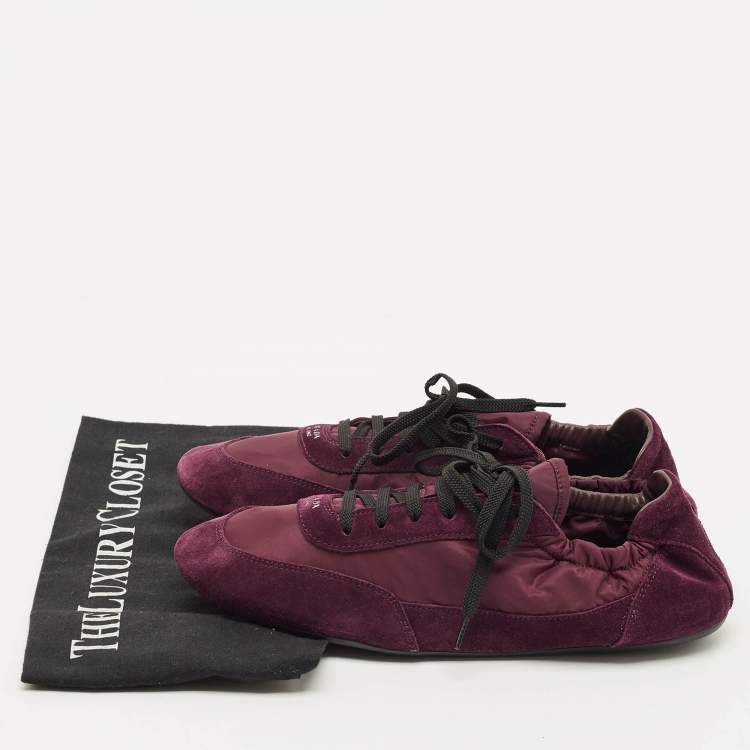 Pre Owned Prada Collapse Re-Nylon Size 39 Burgundy Nylon and Suede Lace Up Sneakers