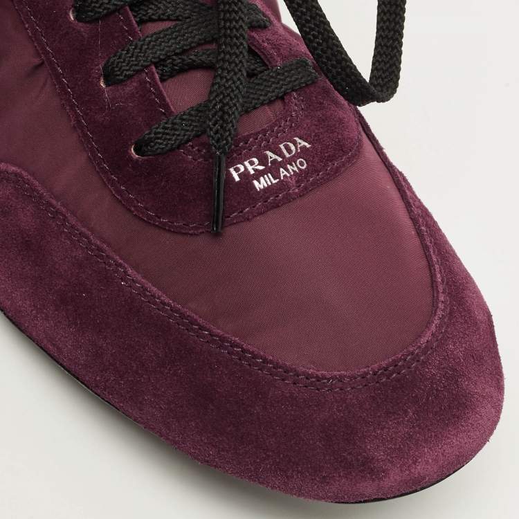 Pre Owned Prada Collapse Re-Nylon Size 39 Burgundy Nylon and Suede Lace Up Sneakers