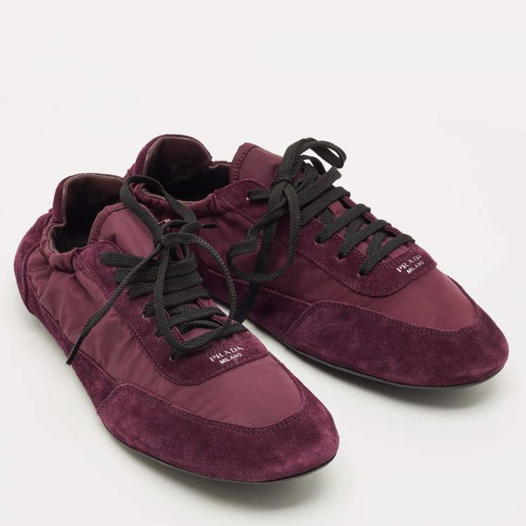 Pre Owned Prada Collapse Re-Nylon Size 39 Burgundy Nylon and Suede Lace Up Sneakers
