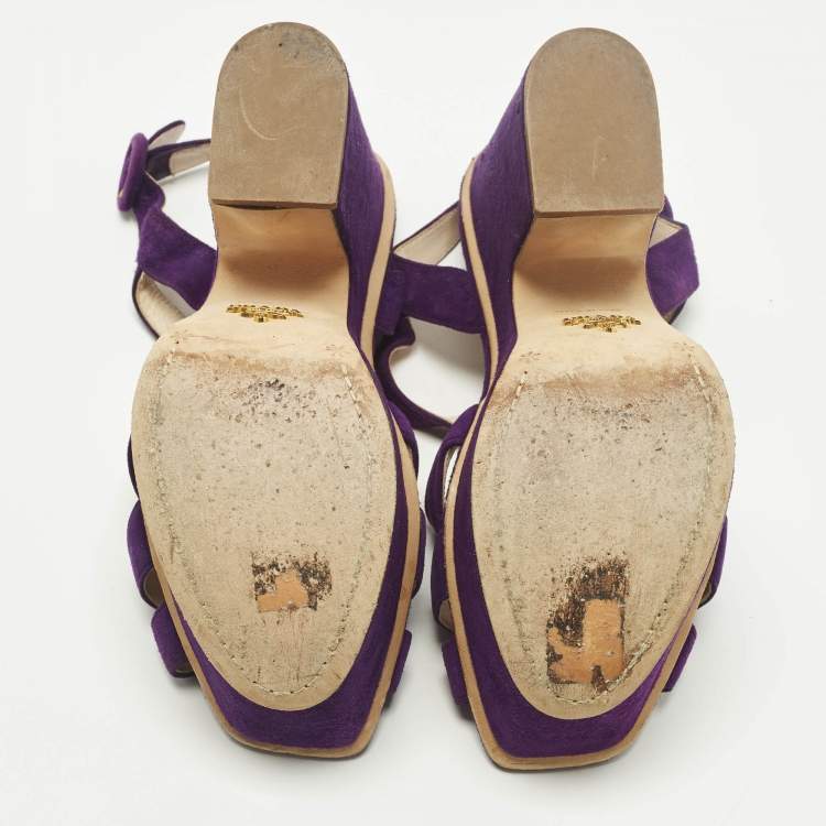 Pre Owned Prada Size 38.5 Purple Suede Strappy Platform Sandals