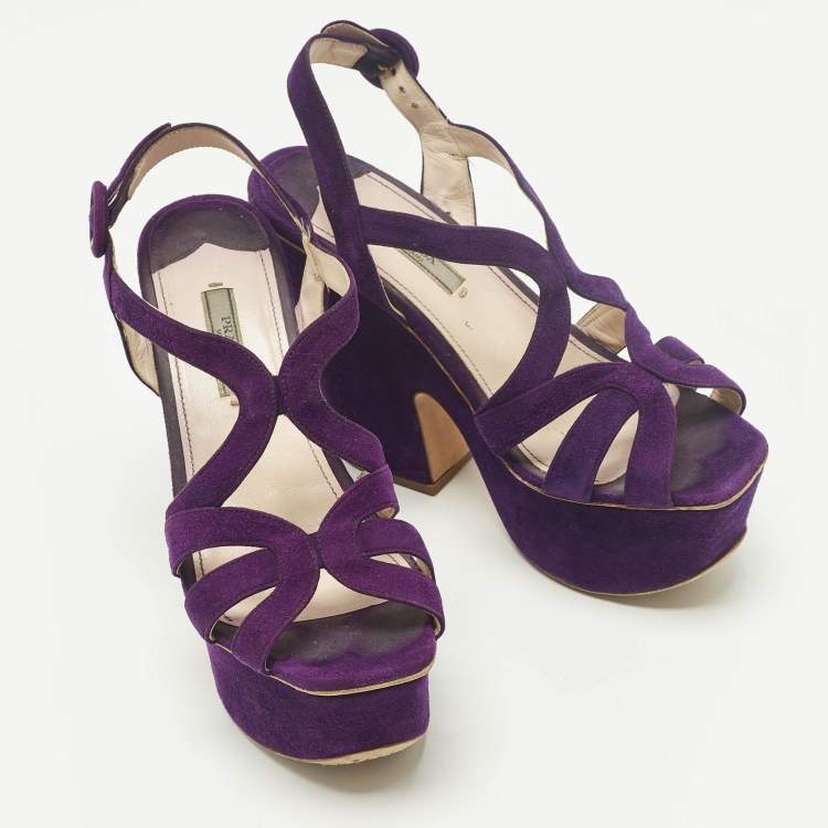 Pre Owned Prada Size 38.5 Purple Suede Strappy Platform Sandals