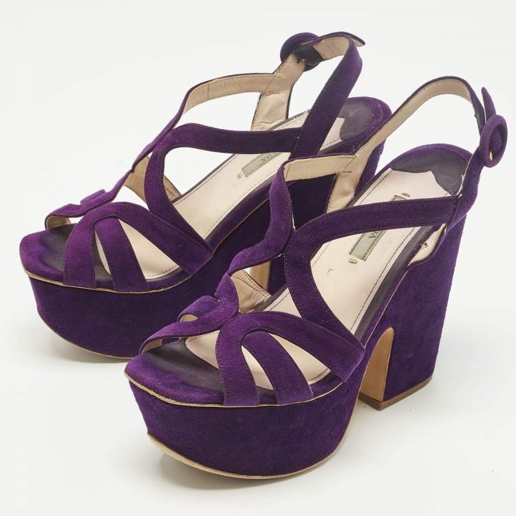 Pre Owned Prada Size 38.5 Purple Suede Strappy Platform Sandals