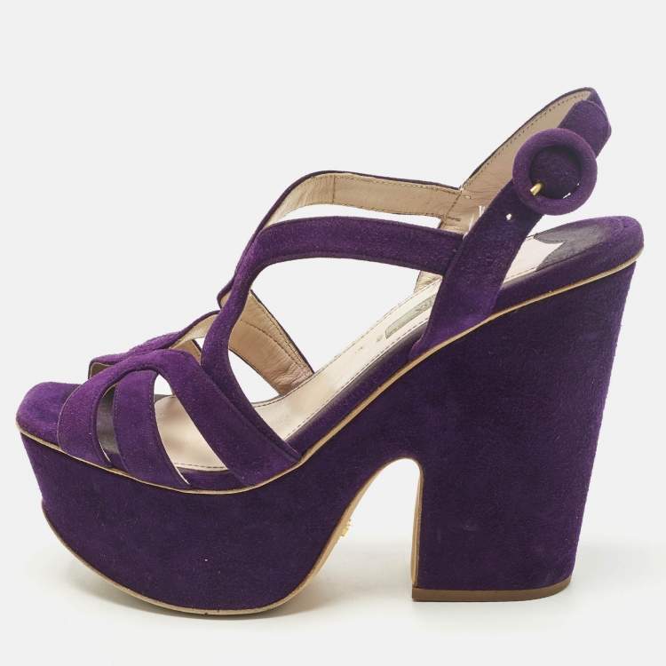 Pre Owned Prada Size 38.5 Purple Suede Strappy Platform Sandals