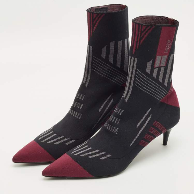 Pre Owned Prada Size 39 Black/Purple Knit Fabric Sock  Boots