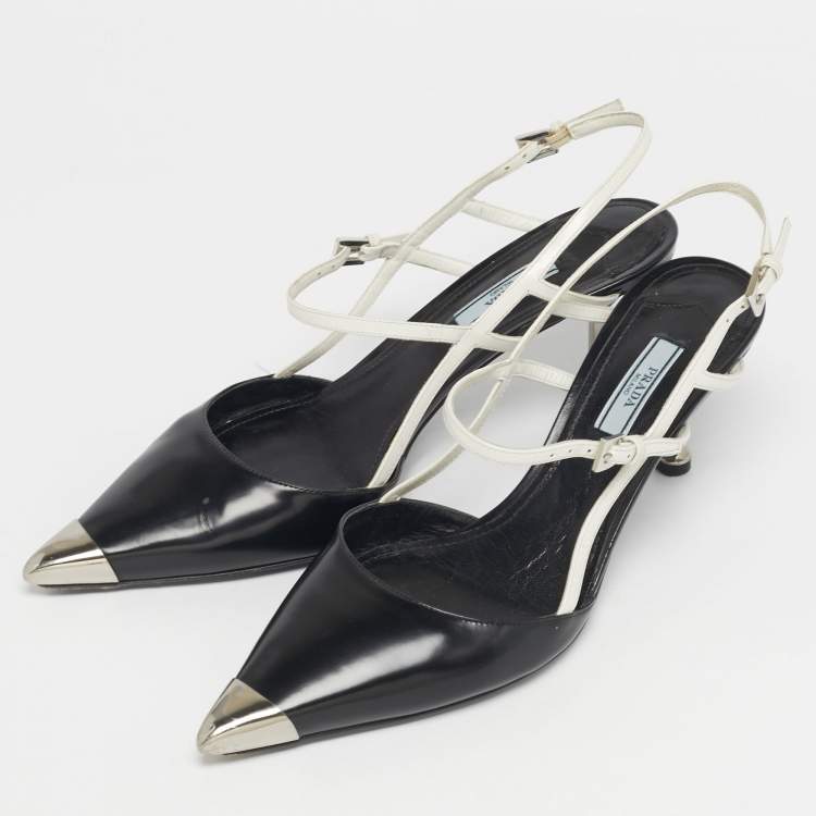 مملوكة مسبقًا Prada Size 41 Tricolor Leather and Metal Cap Toe Slingback Pumps