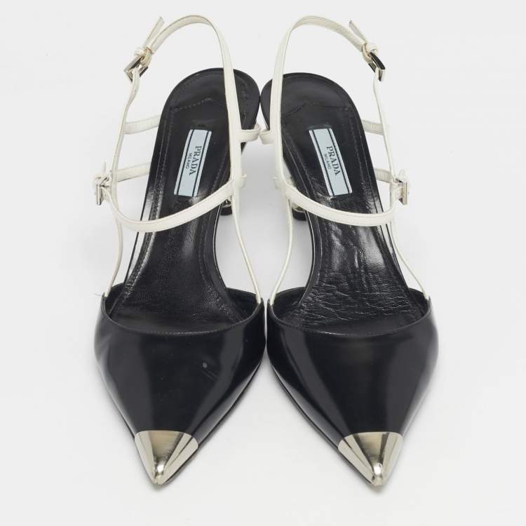 مملوكة مسبقًا Prada Size 41 Tricolor Leather and Metal Cap Toe Slingback Pumps