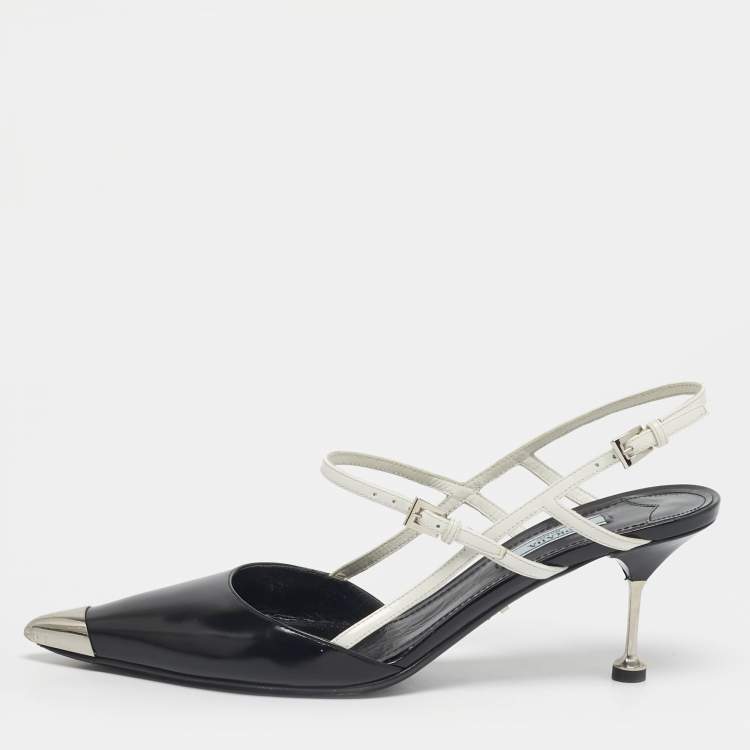 مملوكة مسبقًا Prada Size 41 Tricolor Leather and Metal Cap Toe Slingback Pumps