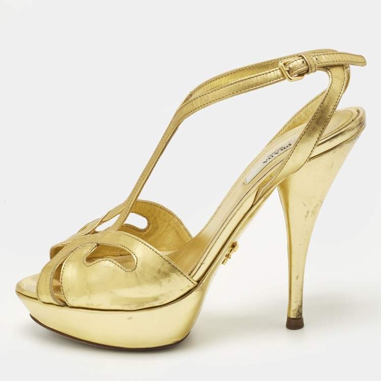 Pre Owned Prada Size 36.5 Metallic Gold Leather T Strap Platform Sandals