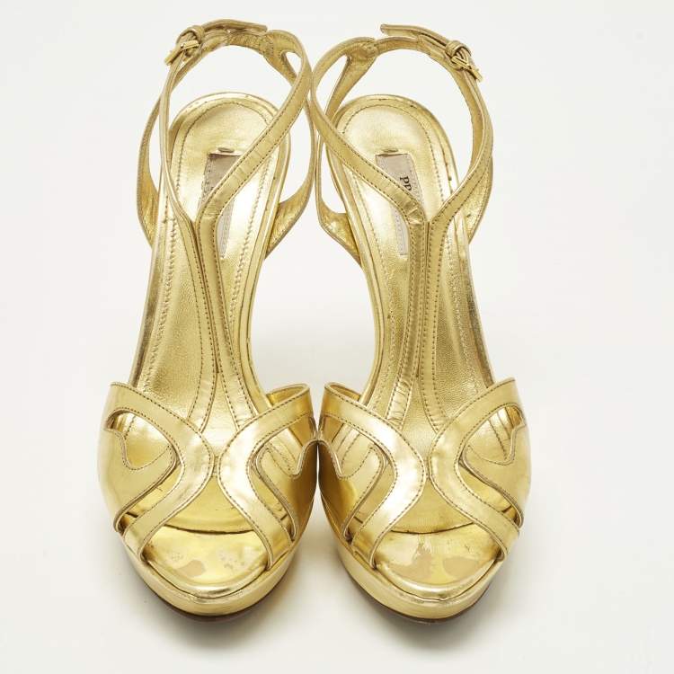 Pre Owned Prada Size 36.5 Metallic Gold Leather T Strap Platform Sandals