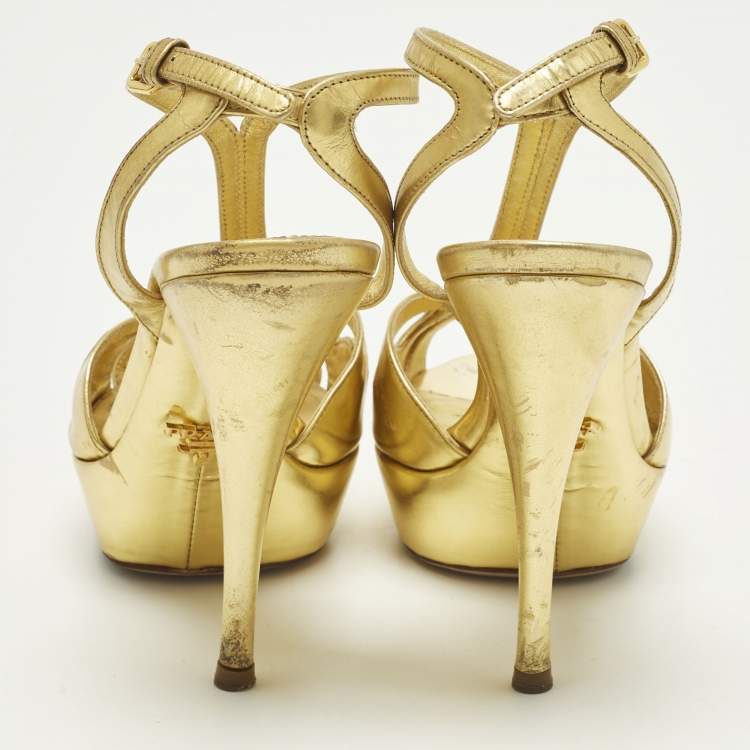 Pre Owned Prada Size 36.5 Metallic Gold Leather T Strap Platform Sandals