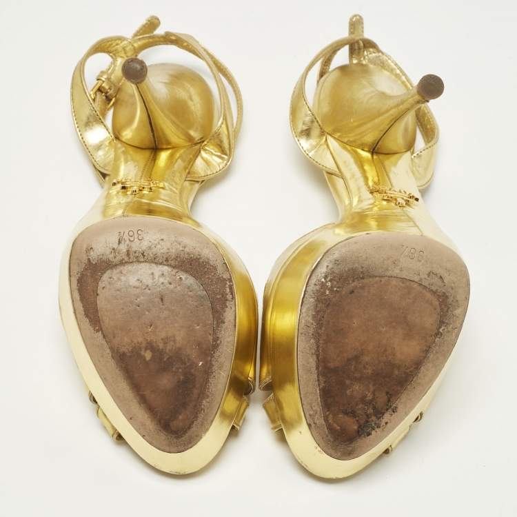 Pre Owned Prada Size 36.5 Metallic Gold Leather T Strap Platform Sandals