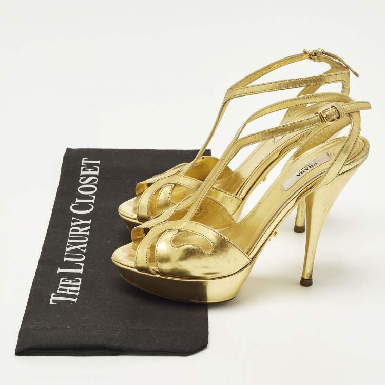 Pre Owned Prada Size 36.5 Metallic Gold Leather T Strap Platform Sandals