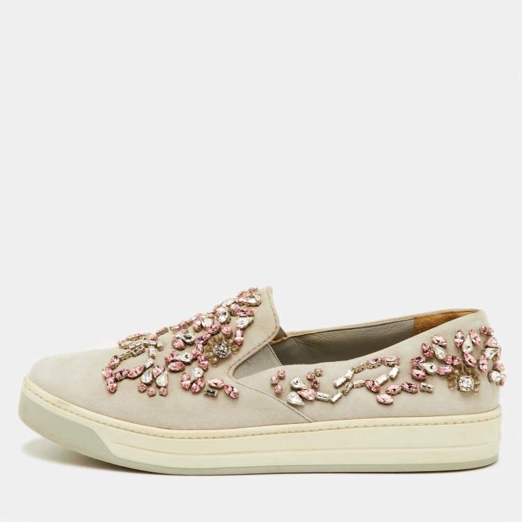 Pre Owned Prada Size 38 Light Grey Suede Crystal Embellished Slip On Sneakers