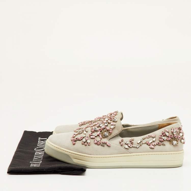 Pre Owned Prada Size 38 Light Grey Suede Crystal Embellished Slip On Sneakers