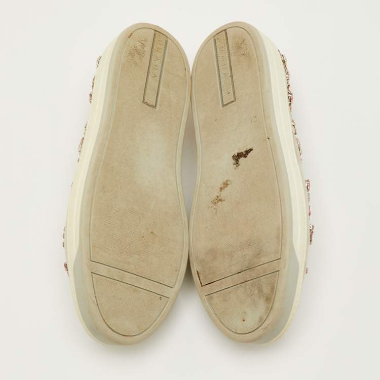 Pre Owned Prada Size 38 Light Grey Suede Crystal Embellished Slip On Sneakers