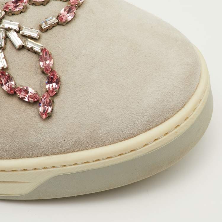 Pre Owned Prada Size 38 Light Grey Suede Crystal Embellished Slip On Sneakers