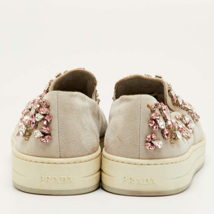 Pre Owned Prada Size 38 Light Grey Suede Crystal Embellished Slip On Sneakers