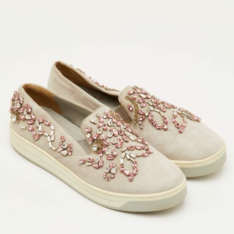 Pre Owned Prada Size 38 Light Grey Suede Crystal Embellished Slip On Sneakers