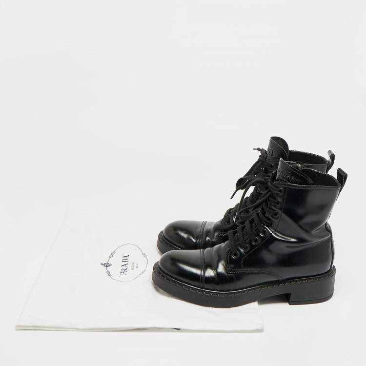 Pre Owned Prada Size 37.5 Black Leather Combat Boots