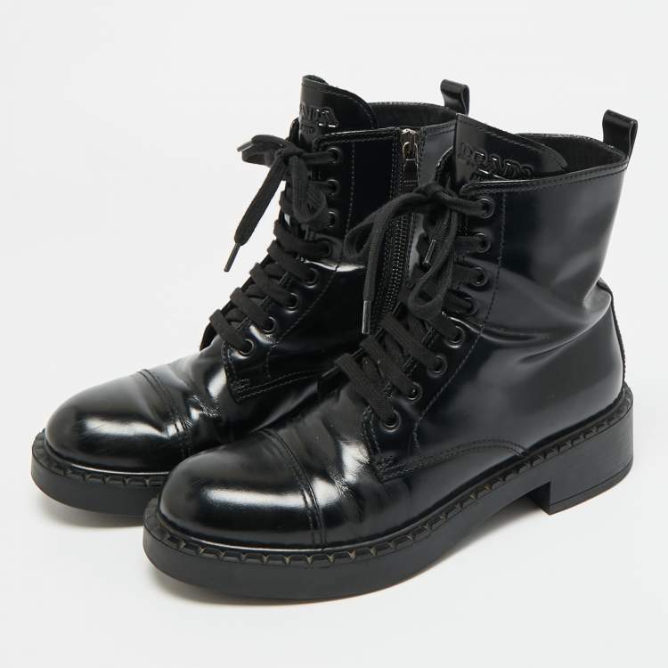 Pre Owned Prada Size 37.5 Black Leather Combat Boots