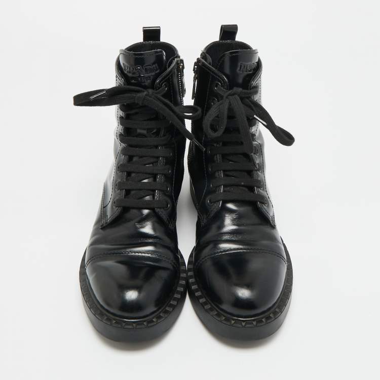 Pre Owned Prada Size 37.5 Black Leather Combat Boots