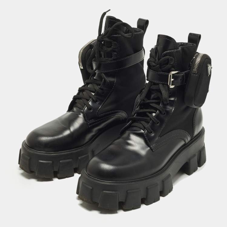 Pre Owned Prada Monolith Size 39 Black Leather and Nylon Combat Boots