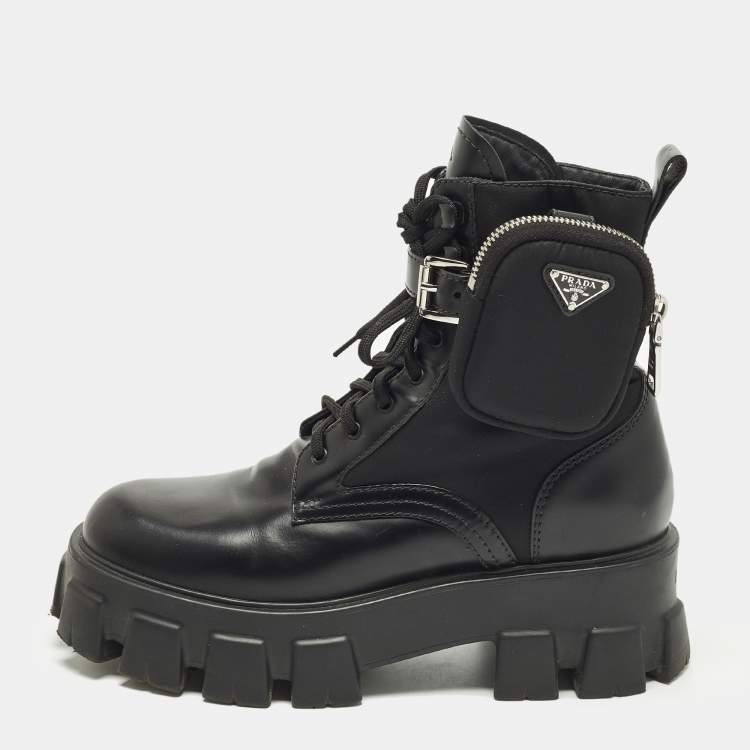 Pre Owned Prada Monolith Size 39 Black Leather and Nylon Combat Boots
