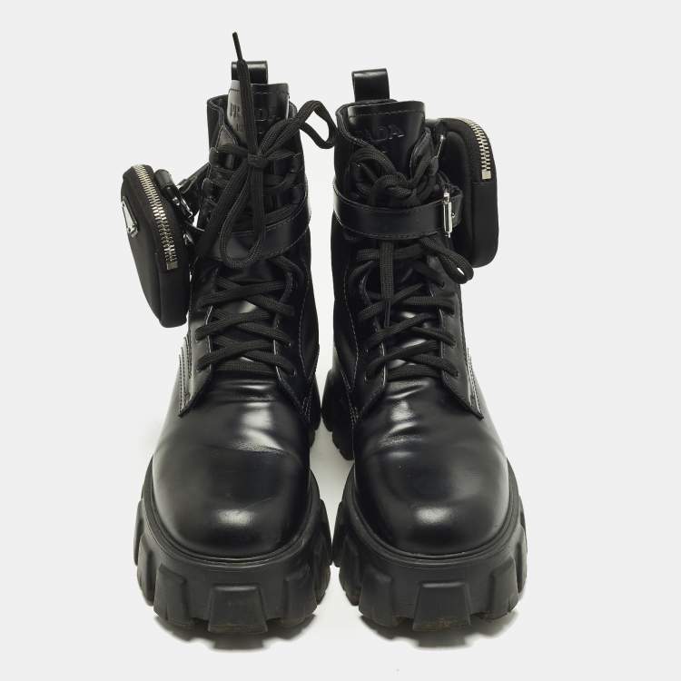 Pre Owned Prada Monolith Size 39 Black Leather and Nylon Combat Boots