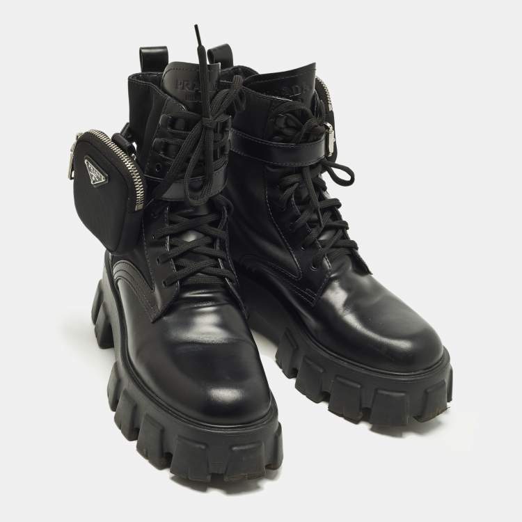 Pre Owned Prada Monolith Size 39 Black Leather and Nylon Combat Boots