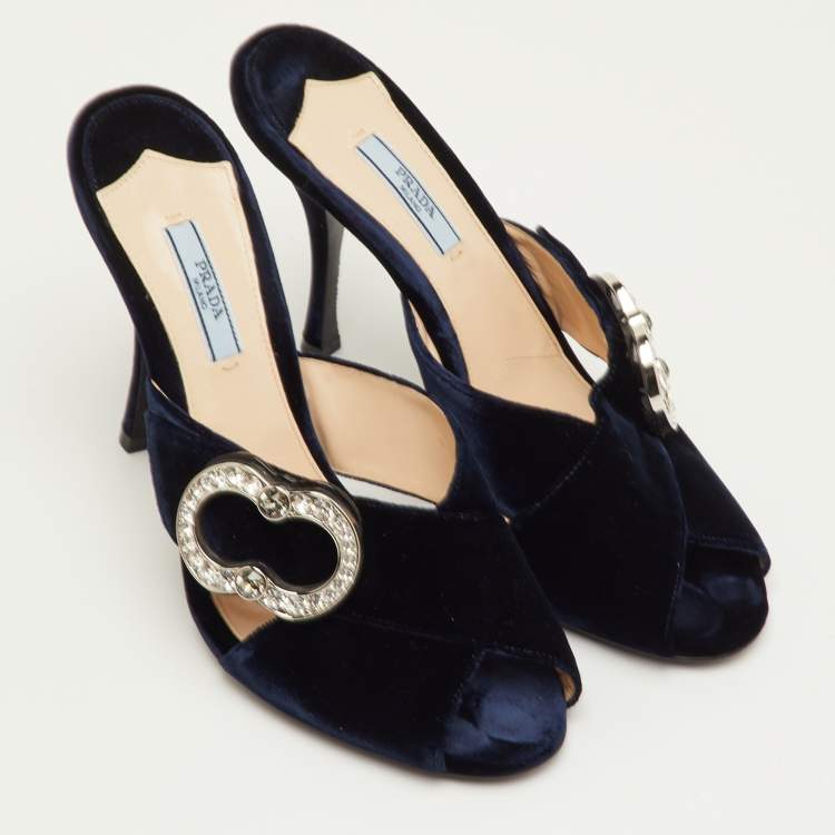 Pre Owned Prada Size 40.5 Navy Blue Velvet Crystal Embellished Slide Sandals