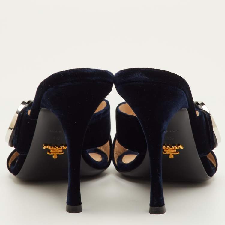 Pre Owned Prada Size 40.5 Navy Blue Velvet Crystal Embellished Slide Sandals