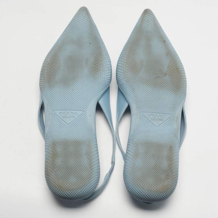 Pre Owned Prada Size 40 Blue Leather Triangle Logo Slingback Flats