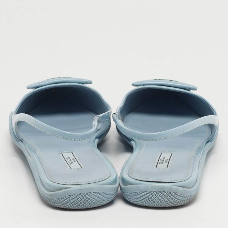 Pre Owned Prada Size 40 Blue Leather Triangle Logo Slingback Flats