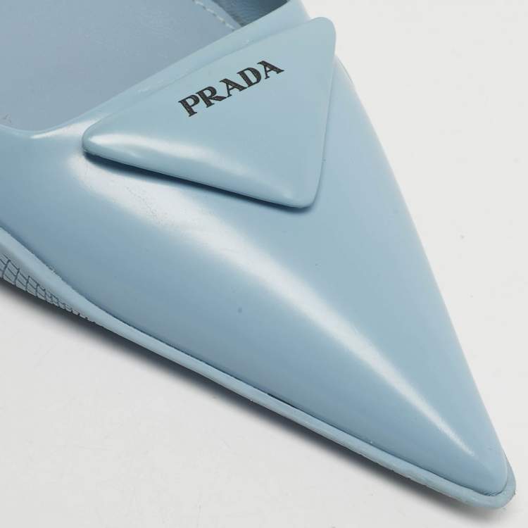 Pre Owned Prada Size 40 Blue Leather Triangle Logo Slingback Flats