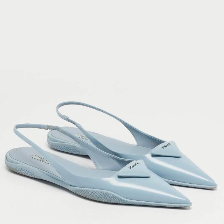 Pre Owned Prada Size 40 Blue Leather Triangle Logo Slingback Flats