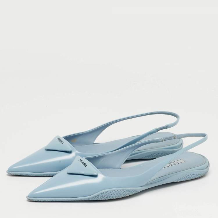 Pre Owned Prada Size 40 Blue Leather Triangle Logo Slingback Flats