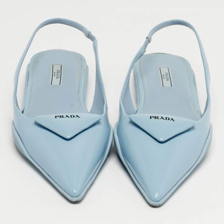 Pre Owned Prada Size 40 Blue Leather Triangle Logo Slingback Flats
