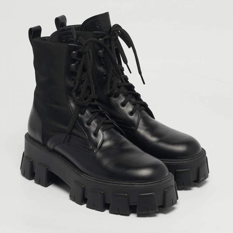 Pre Owned Prada Monolith Size 39 Black Leather and Nylon Combat Boots