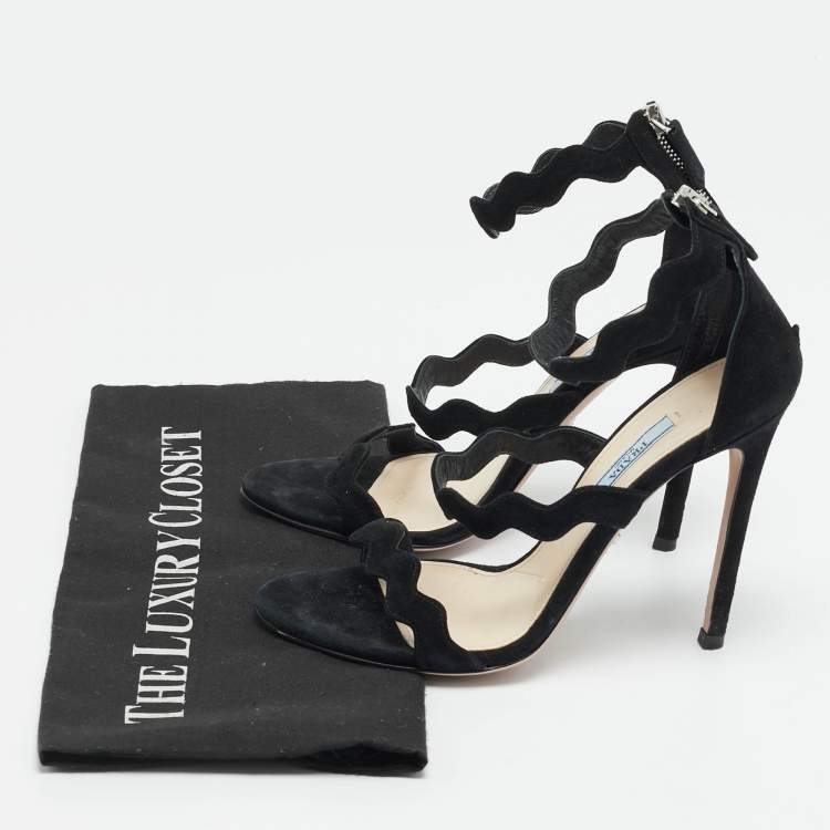 Pre Owned Prada Wavy Size 37 Black Suede Ankle Strap Sandals