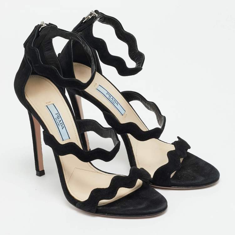 Pre Owned Prada Wavy Size 37 Black Suede Ankle Strap Sandals
