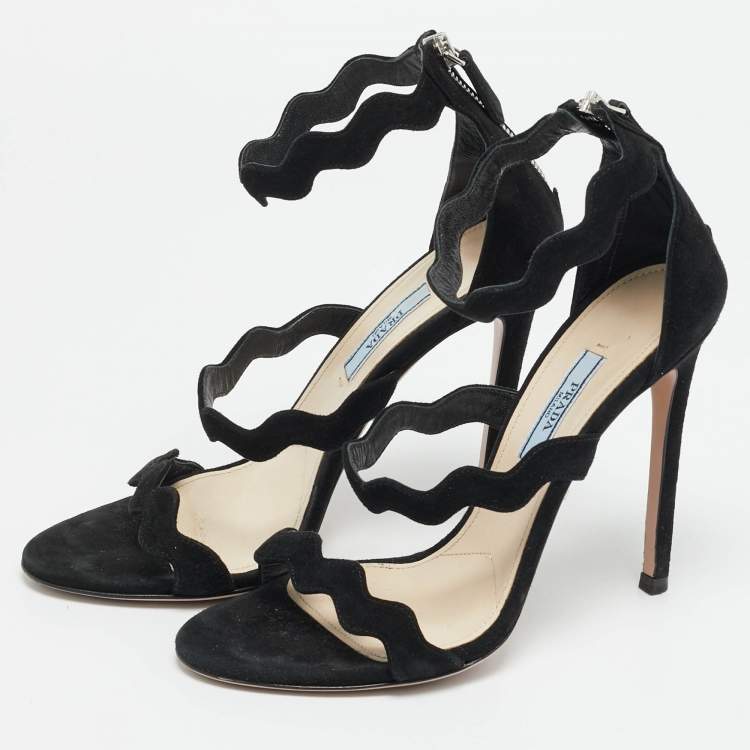 Pre Owned Prada Wavy Size 37 Black Suede Ankle Strap Sandals