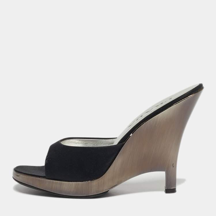 Pre Owned Prada Size 38.5 Black Satin Wedge Sandals