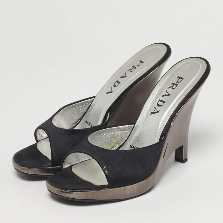 Pre Owned Prada Size 38.5 Black Satin Wedge Sandals