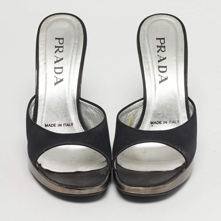 Pre Owned Prada Size 38.5 Black Satin Wedge Sandals