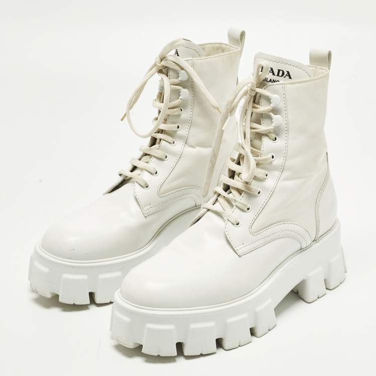 Pre Owned Prada Monolith Size 39 White Leather and Nylon Combat Boots