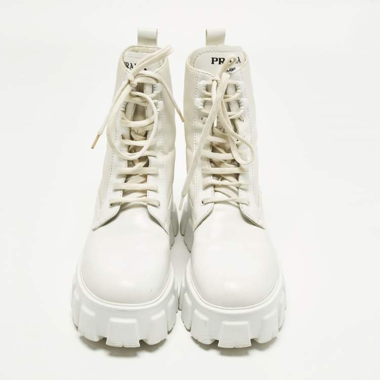 Pre Owned Prada Monolith Size 39 White Leather and Nylon Combat Boots