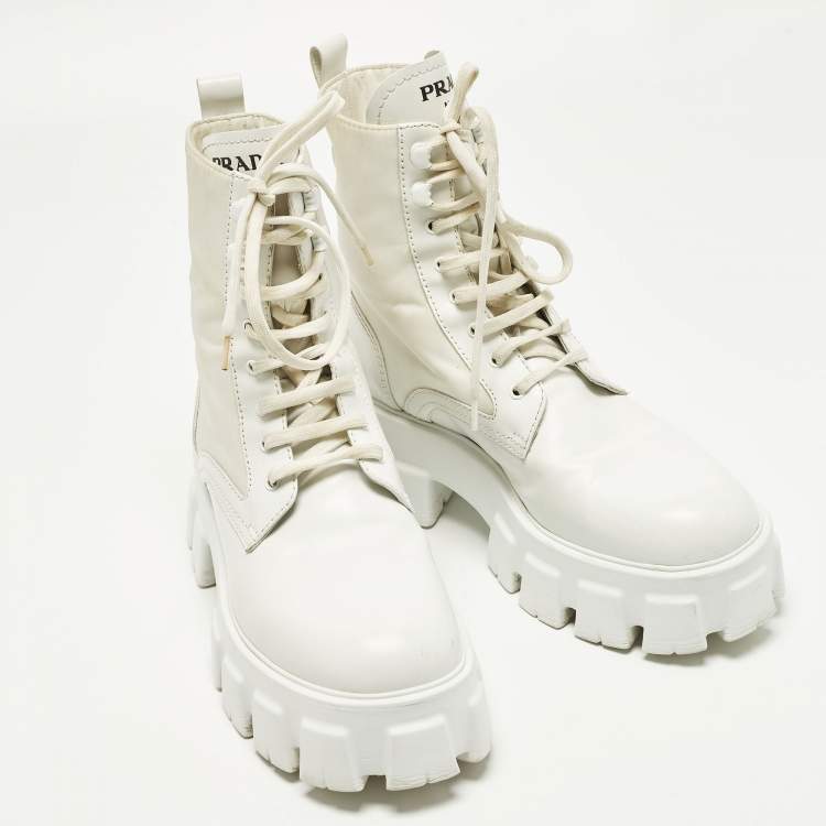 Pre Owned Prada Monolith Size 39 White Leather and Nylon Combat Boots